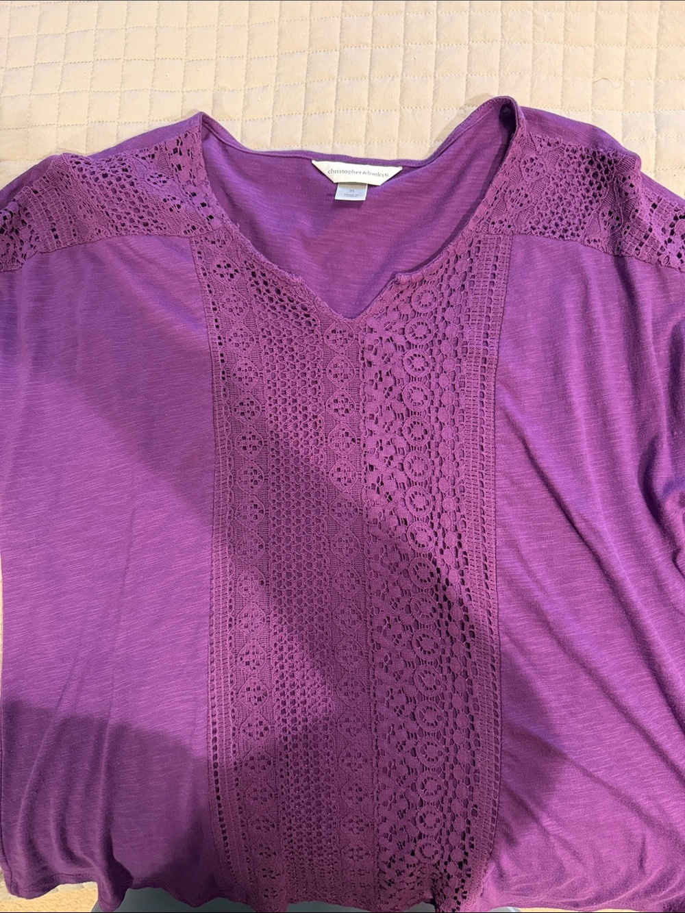 Christopher & Banks Purple Crochet-Front V-Neck Tunic